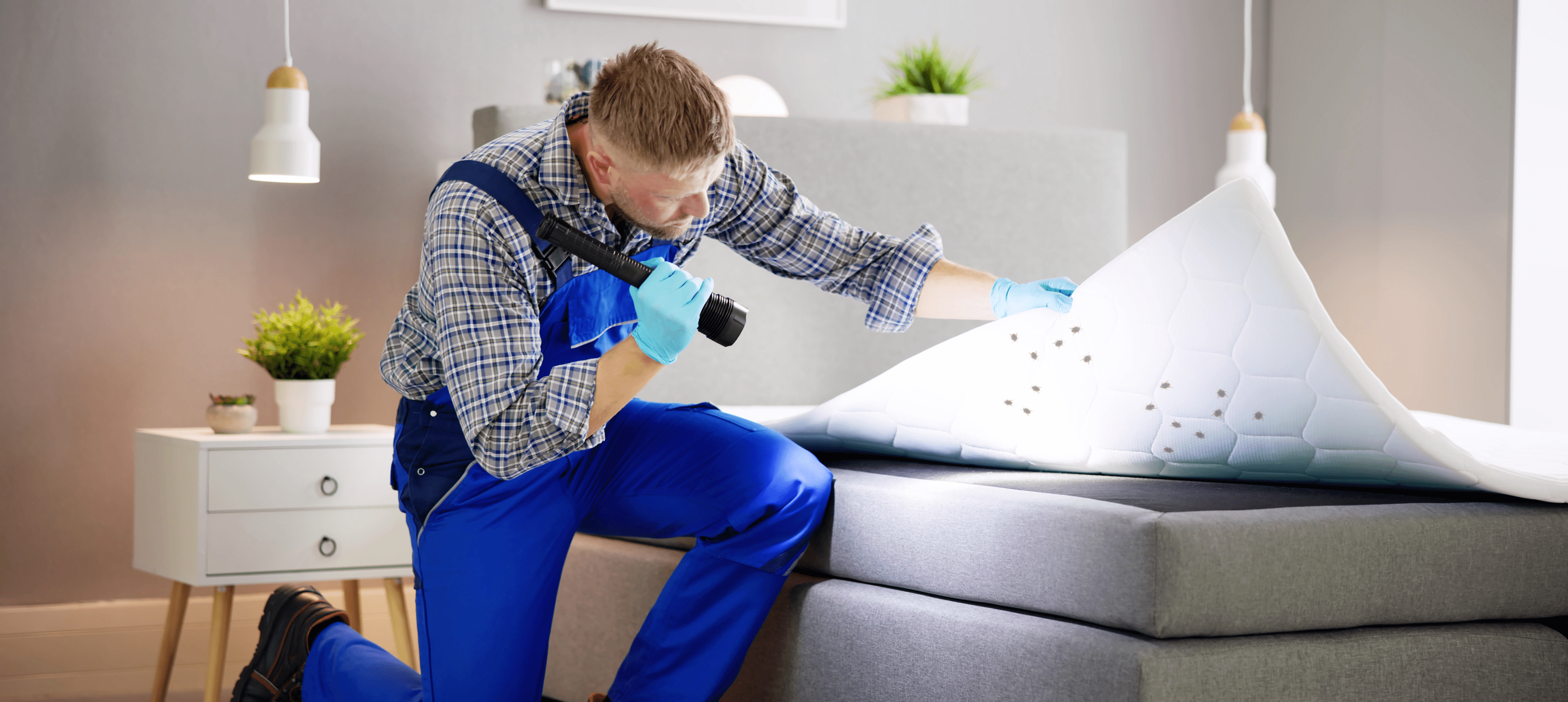 Man checking bed for pests